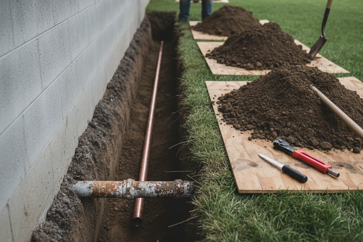 Excavated water line trench during Water Softener Installation in Campobello